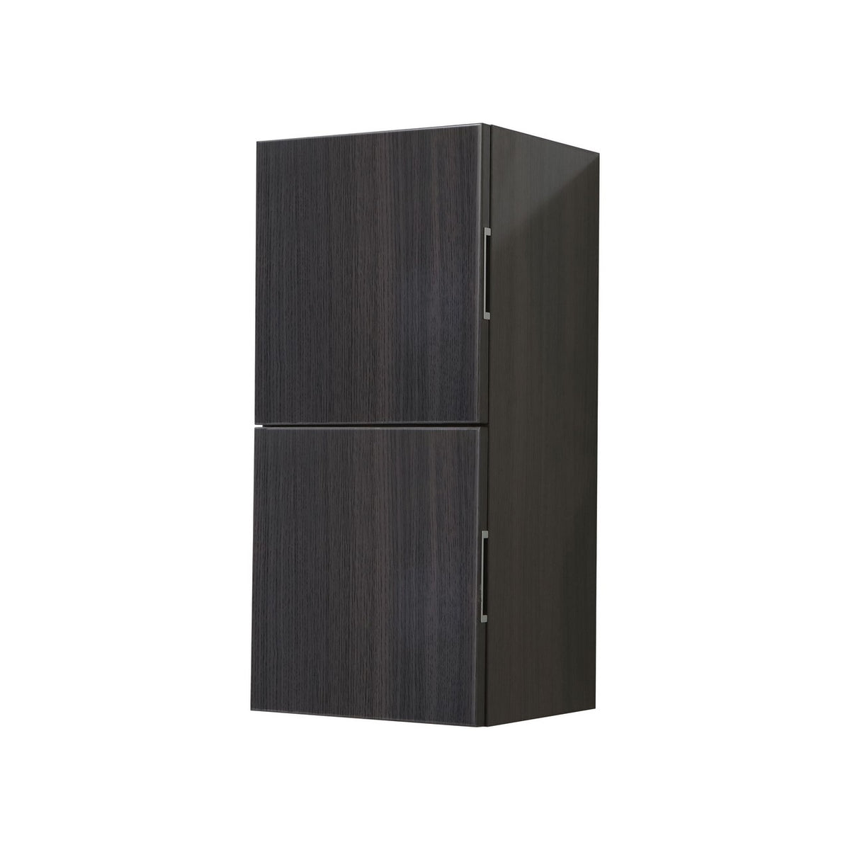 A gray oak linen side cabinet with two storage areas, closed doors, and a simple, modern design.