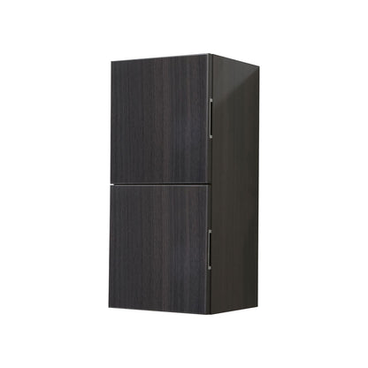 A gray oak linen side cabinet with two storage areas, closed doors, and a simple, modern design.