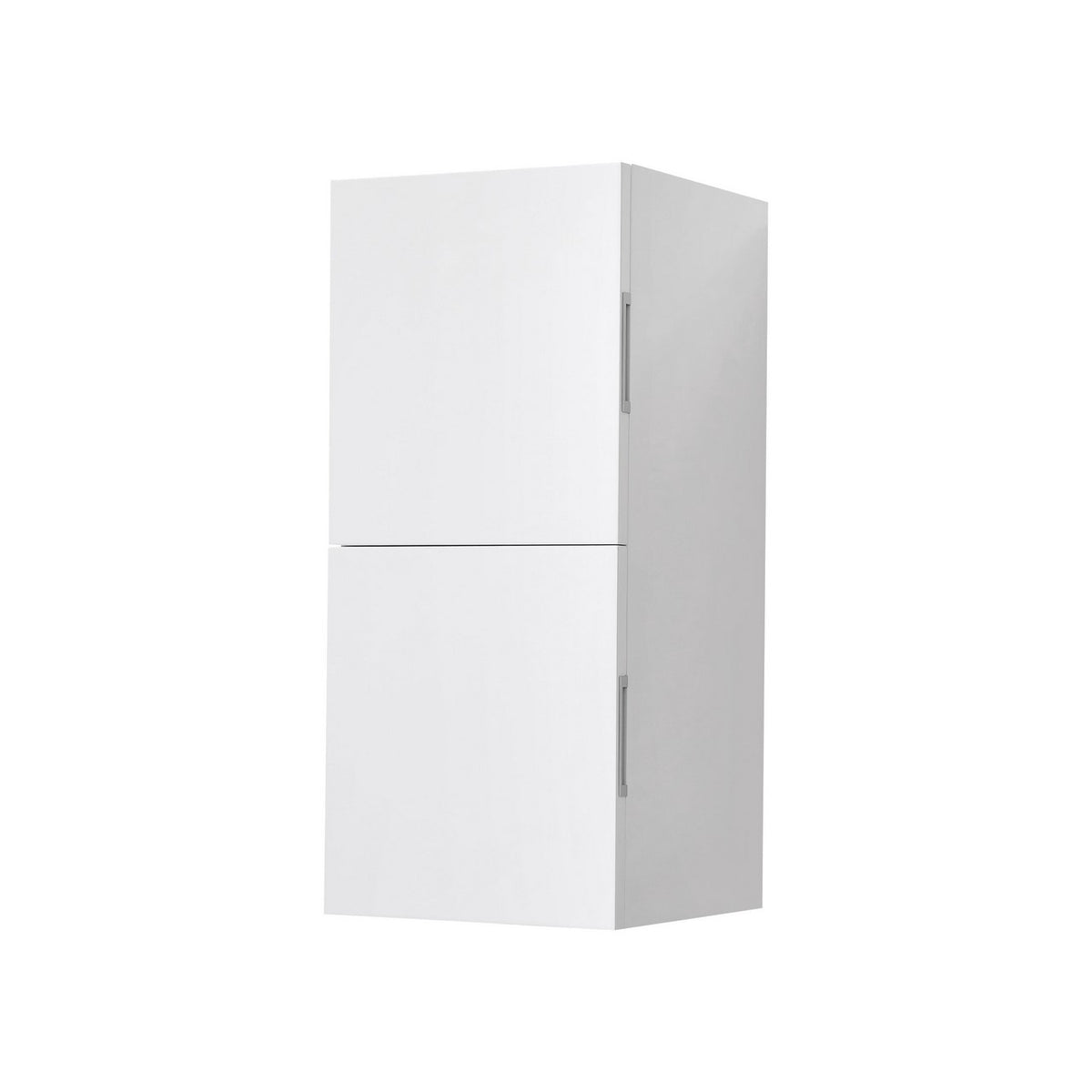 A tall white linen side cabinet with a closed door on the upper half and an open storage area on the lower half, designed for bathroom storage.