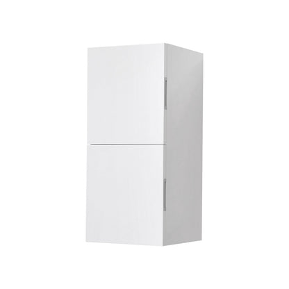 A tall white linen side cabinet with a closed door on the upper half and an open storage area on the lower half, designed for bathroom storage.