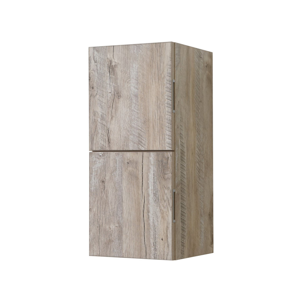 A beige wooden linen side cabinet with two storage areas and European soft-closing hardware.