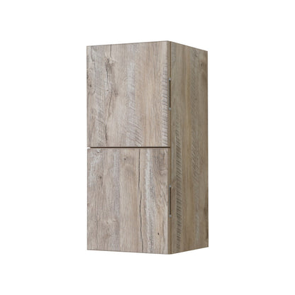A beige wooden linen side cabinet with two storage areas and European soft-closing hardware.
