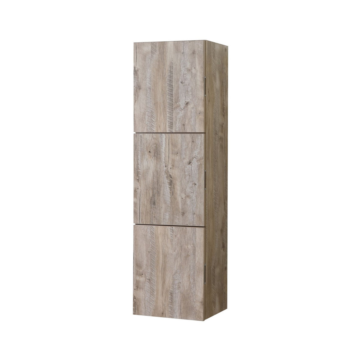 A tall, narrow wooden bathroom linen cabinet with three large storage areas, featuring a rustic design.