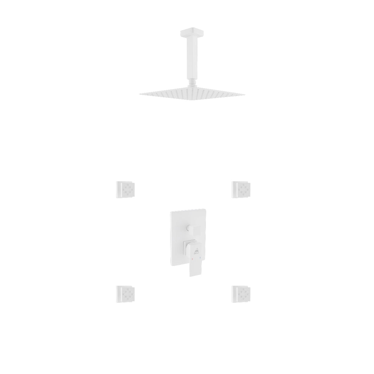 Aqua Piazza White Shower Set w/ 8" Ceiling Mount Square Rain Shower and 4 Body Jets