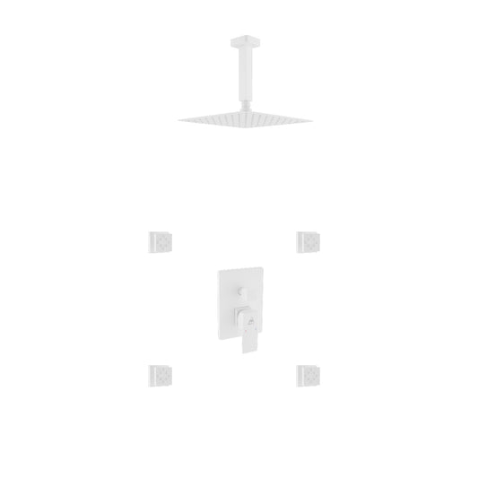 Aqua Piazza White Shower Set w/ 8" Ceiling Mount Square Rain Shower and 4 Body Jets