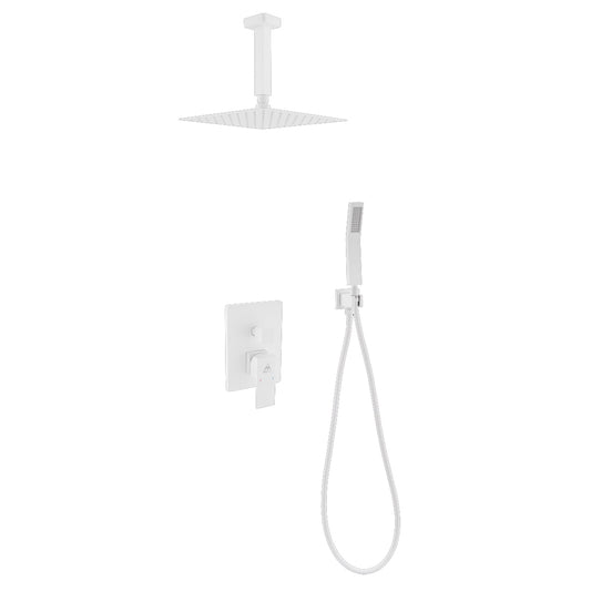 Aqua Piazza White Shower Set w/ 8" Ceiling Mount Square Rain Shower and Handheld