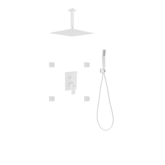 Aqua Piazza White Shower Set w/ 12" Ceiling Mount Square Rain Shower, 4 Body Jets and Handheld