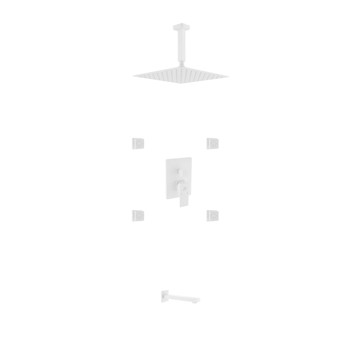 Aqua Piazza White Shower Set w/ 8" Square Rain Shower,  4 Body Jets and Tub Filler