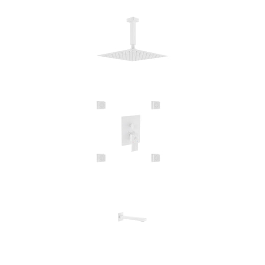 Aqua Piazza White Shower Set w/ 8" Square Rain Shower,  4 Body Jets and Tub Filler
