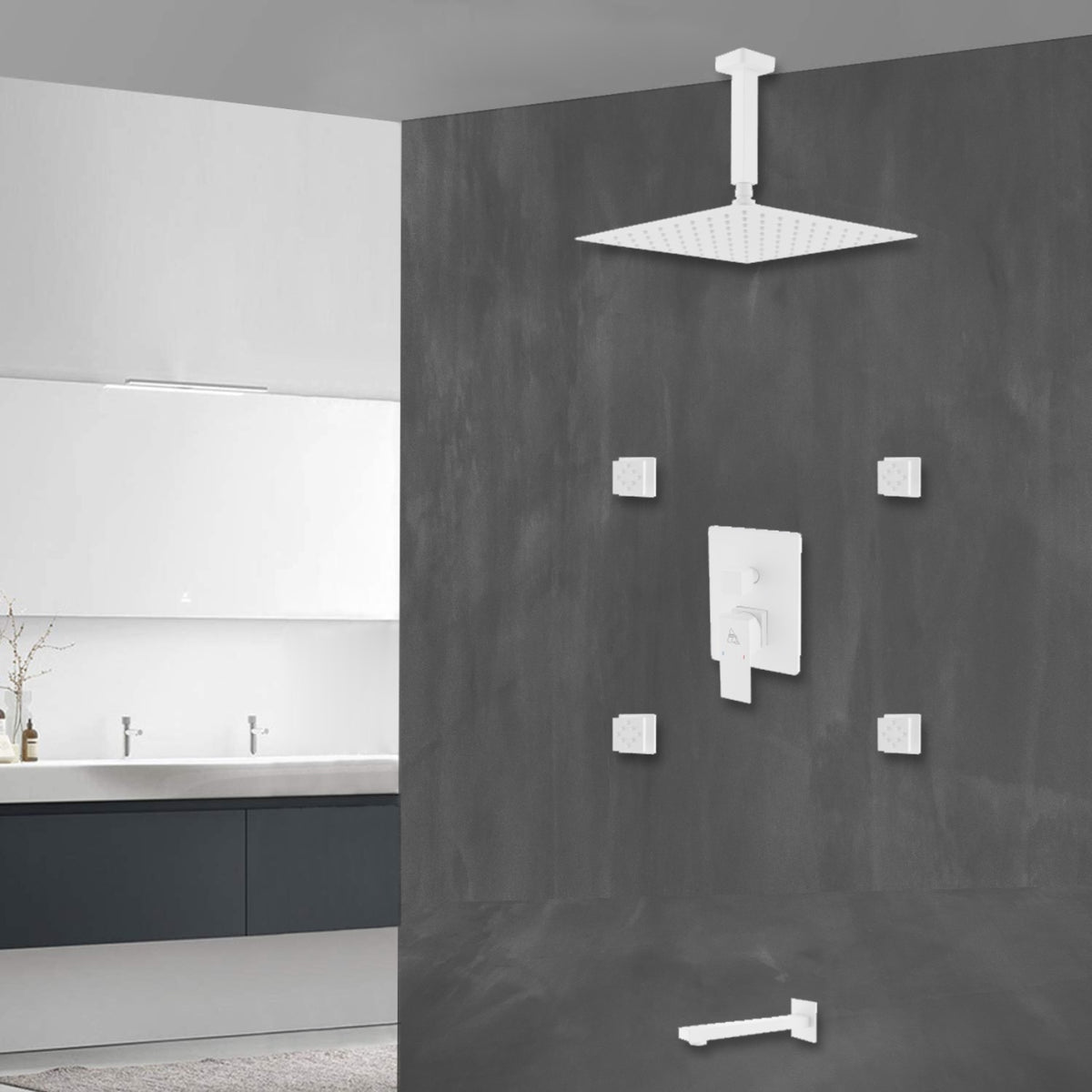 Aqua Piazza White Shower Set w/ 12" Ceiling Mount Square Rain Shower, Tub Filler and 4 Body Jets