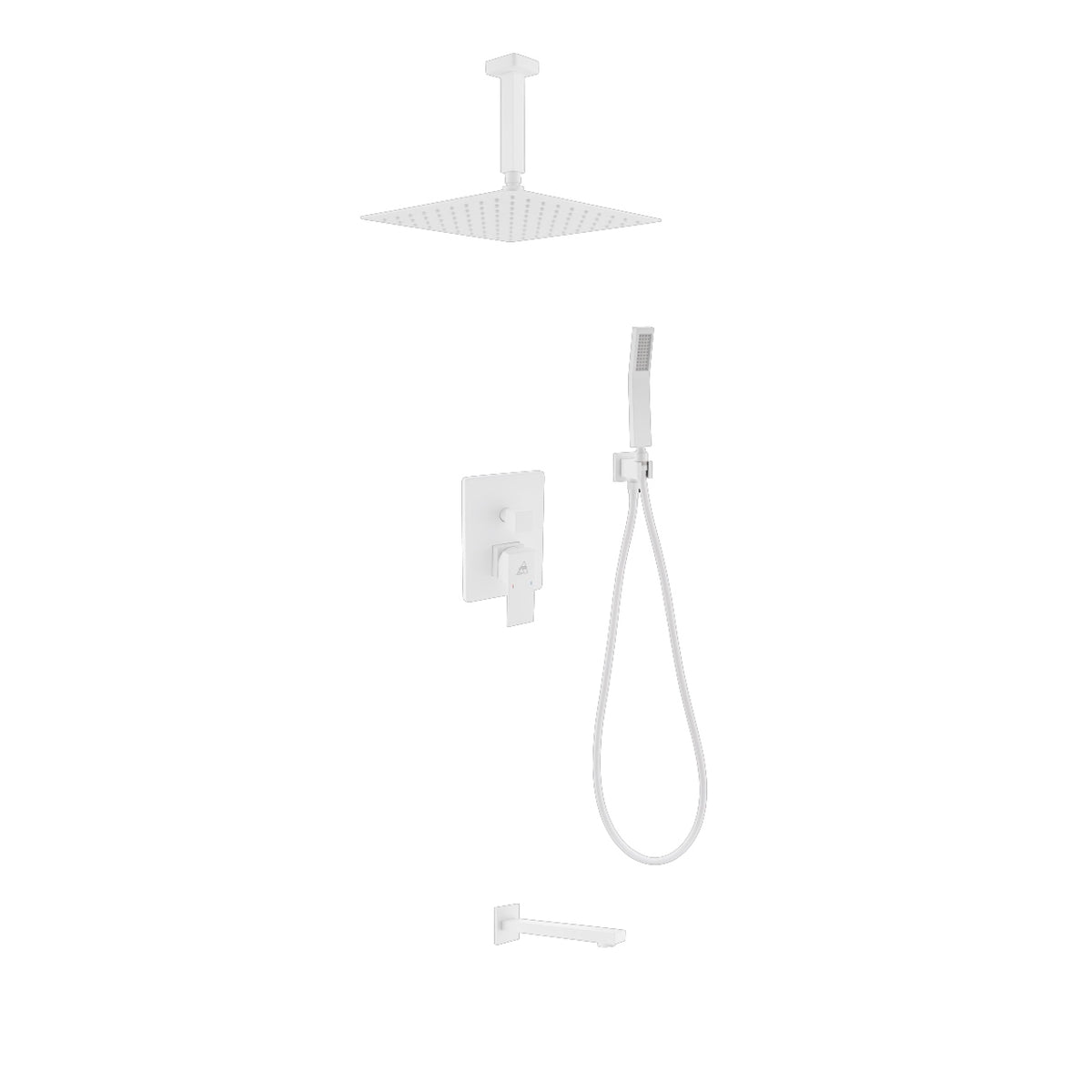 Aqua Piazza White Shower Set w/ 12" Ceiling Mount Square Rain Shower, Handheld and Tub Filler