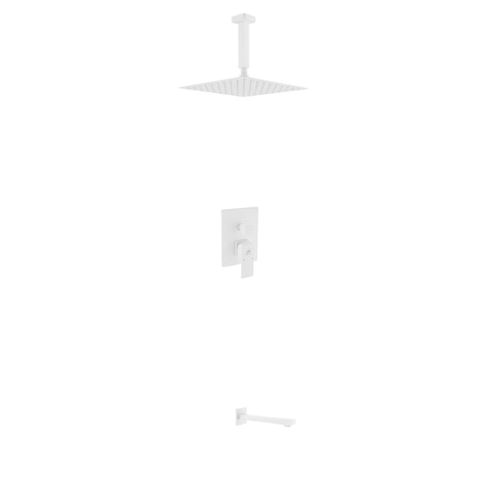 Aqua Piazza White Shower Set w/ 12" Ceiling Mount Square Rain Shower and Tub Filler