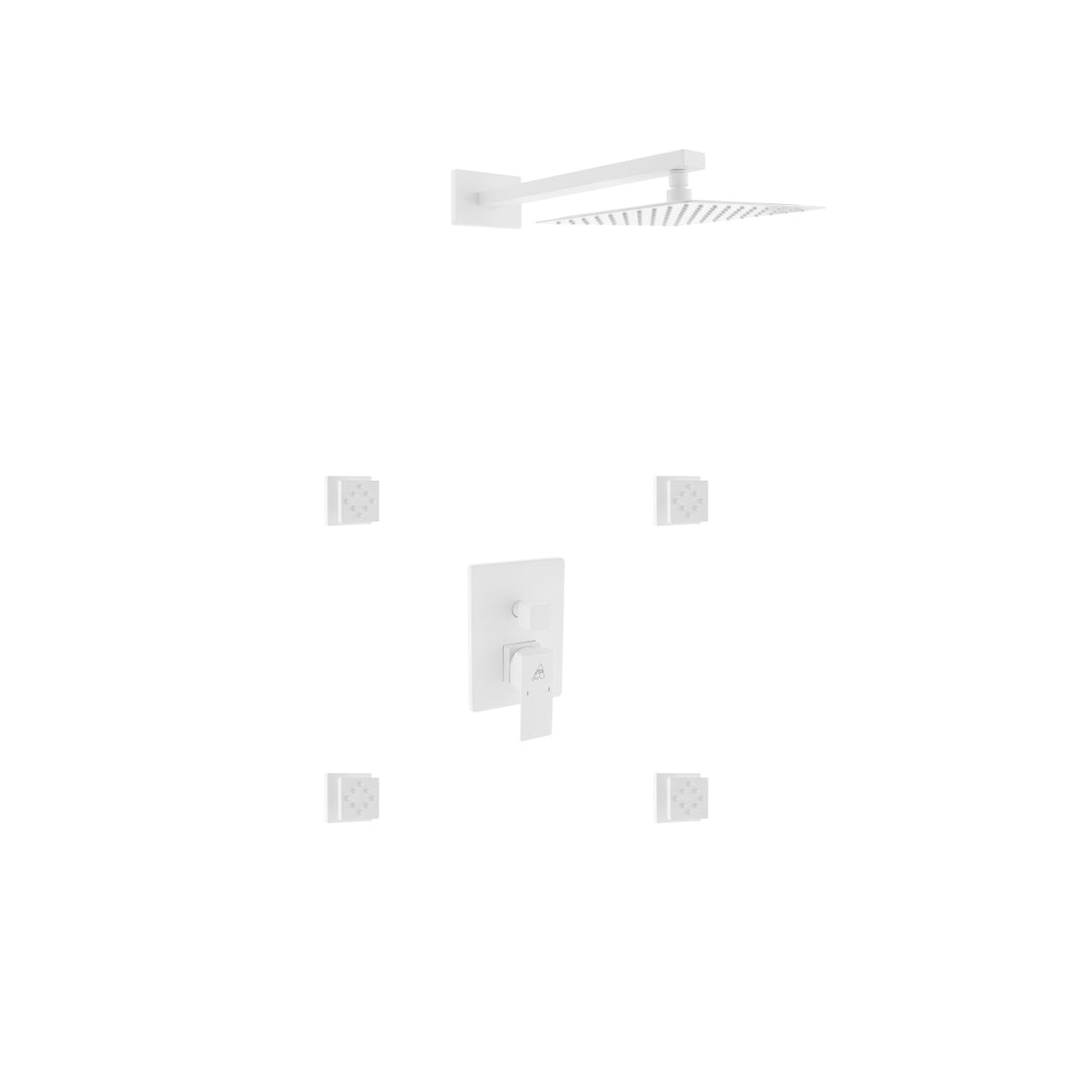 Aqua Piazza White Brass Shower Set w/ 8" Square Rain Shower and 4 Body Jets