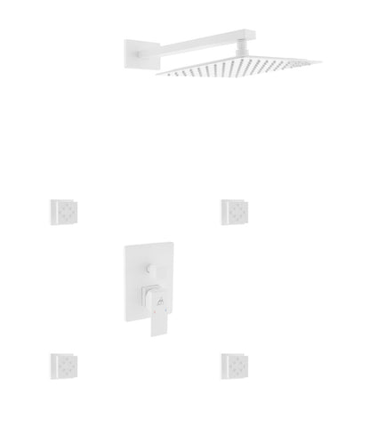 Aqua Piazza White Shower Set w/ 12" Square Rain Shower and 4 Body Jets