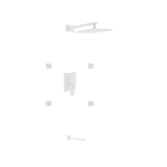 Aqua Piazza White Shower Set w/ 12" Square Rain Shower, Tub Filler and 4 Body Jets