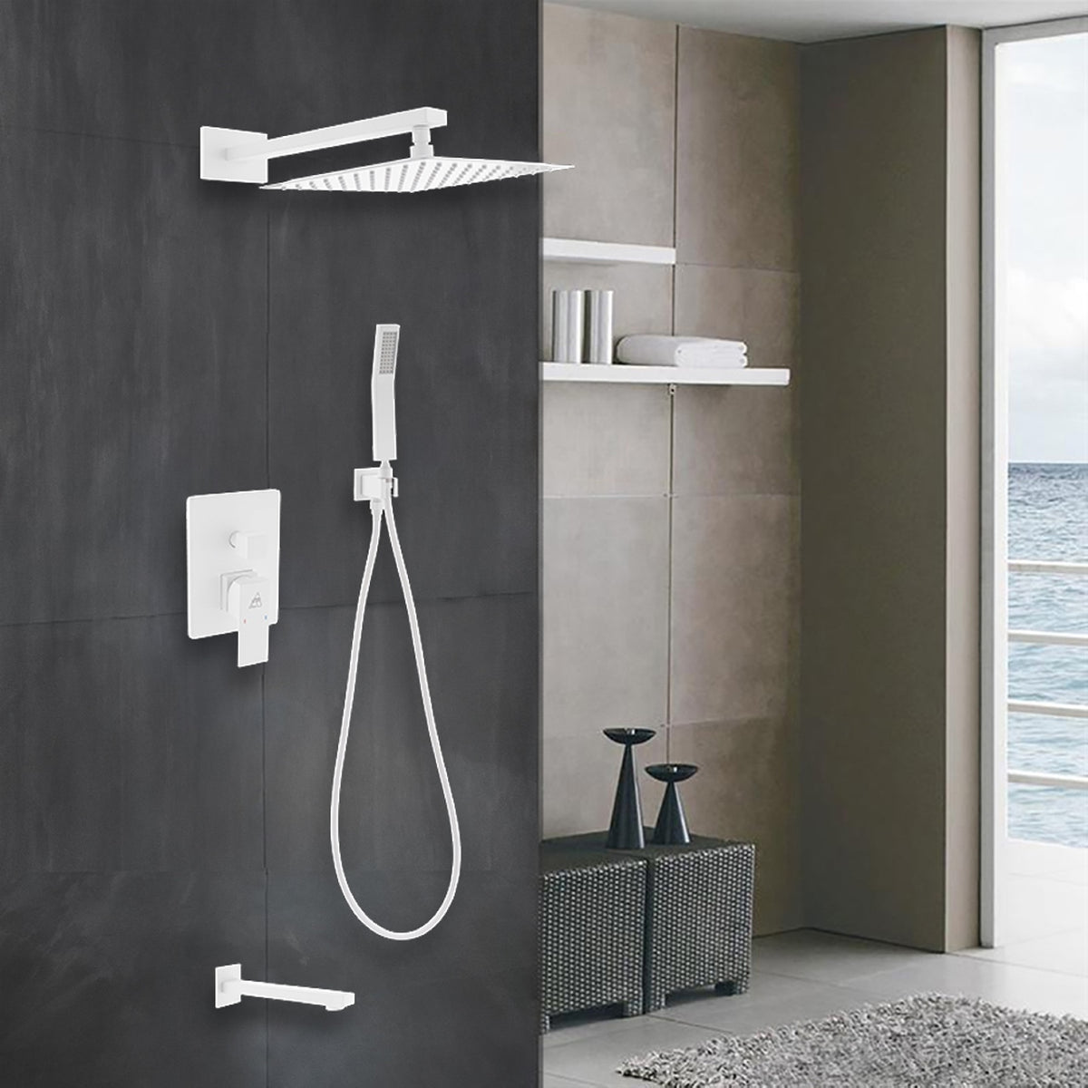 Aqua Piazza White Shower Set w/ 12" Square Rain Shower,  Tub Filler and Handheld