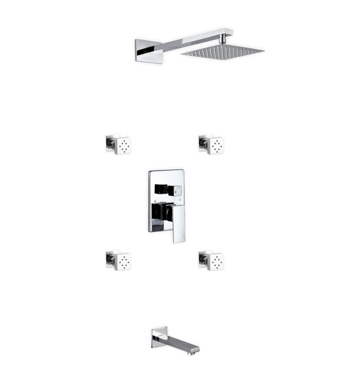 Aqua Piazza Shower Set w/ 8" Square Rain Shower,  4 Body Jets and Tub Filler