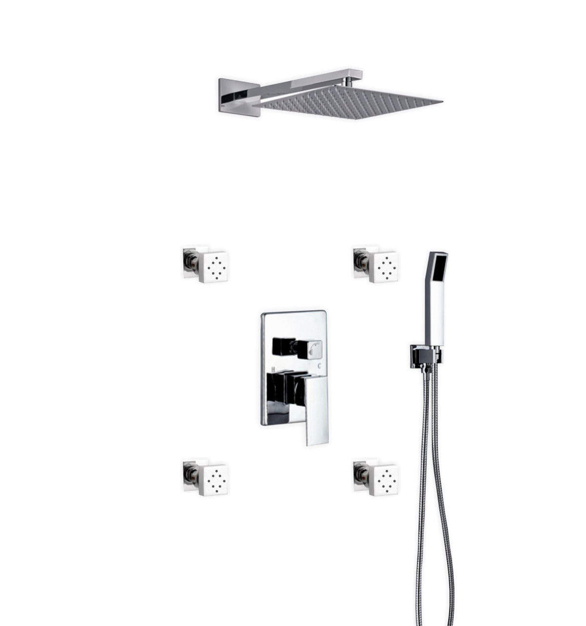 Aqua Piazza Shower Set w/ 12" Square Rain Shower,  Handheld and 4 Body Jets
