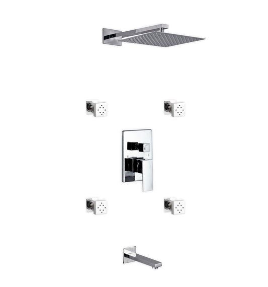 Aqua Piazza Shower Set w/ 12" Square Rain Shower, Tub Filler and 4 Body Jets