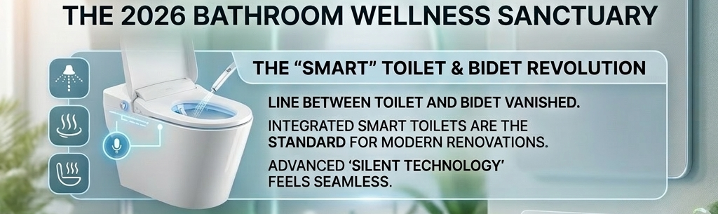 Integrated smart toilet and bidet with silent technology text for a 2026 bathroom wellness sanctuary renovation